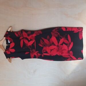 Calvin Klein Black and Red Floral Print Scuba Sheath Dress, Sleeveless